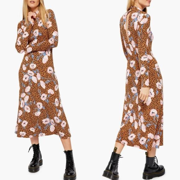 Free People Retro Romance Midi Dress In Brown Floral-Multi Camel Combo Size XS - Picture 1 of 16